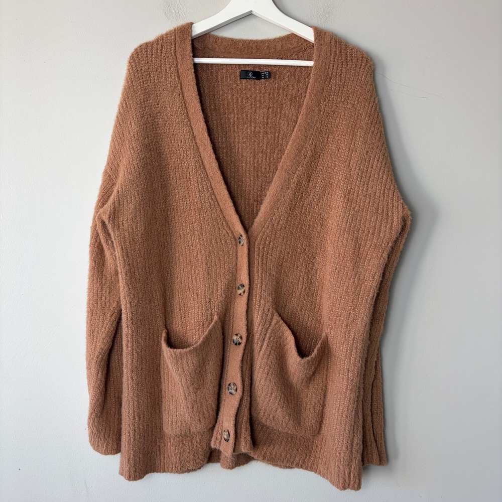 Volcom Women's Ginger Brown Fuzzy Knit Oversized Button Front Cardigan Sweater M